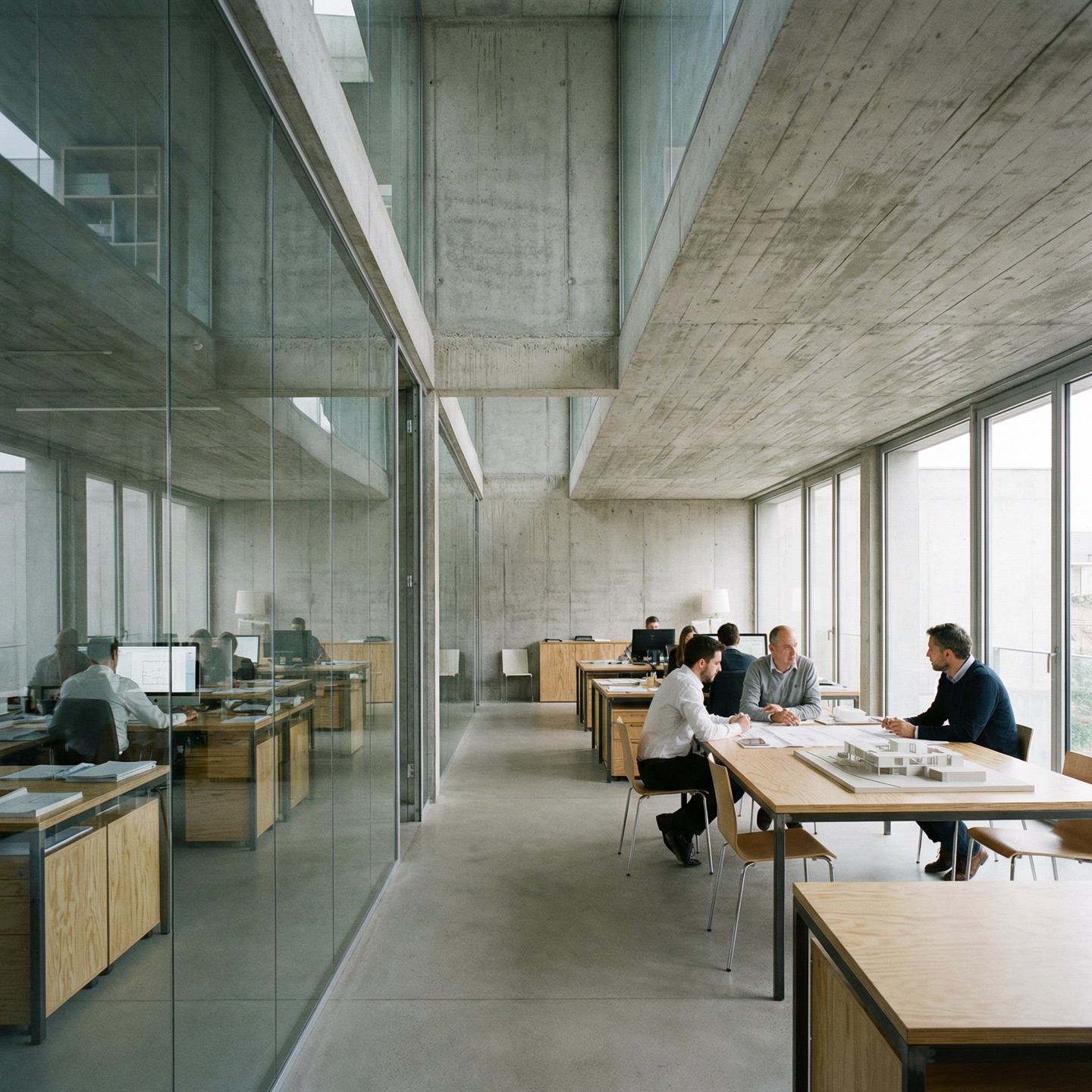 Team meeting around a table in an open-plan office with glass partitions